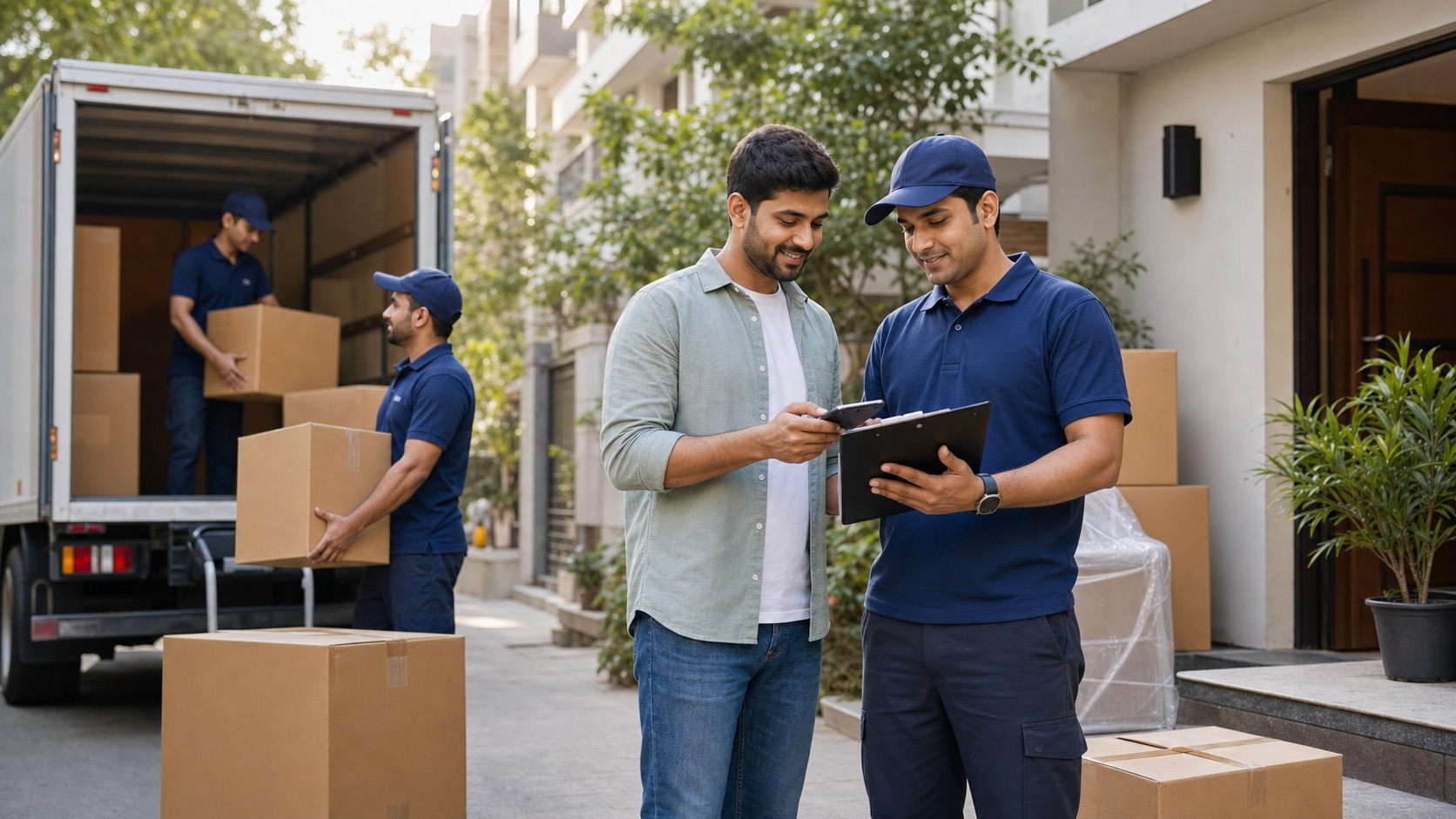 Professional movers loading boxes into a moving truck outside an apartment building